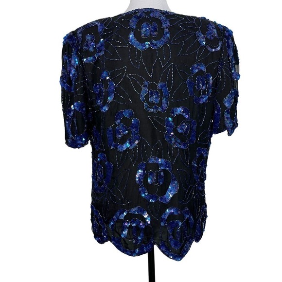 Vintage Sequined Top 100% Silk Blouse Glam Laurence Kazar Black Blue‎ Size 1X - Picture 3 of 11